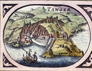 Vista da cidade fortificada de Tânger e da costa, Marrocos. Mapa do Atlas holandês de W. G. Blaeu, Amsterdão de Willem Blaeu
