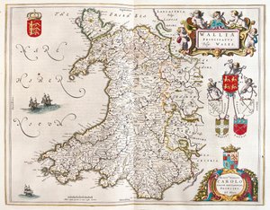 País de Gales, em "Theatrum Orbis Terrarum, sive Atlas Novus" de Willem Blaeu, Amesterdão de Willem Blaeu
