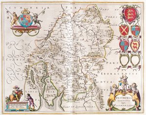Westmorland, em "Theatrum Orbis Terrarum, sive Atlas Novus" de Willem Blaeu, Amesterdão de Willem Blaeu