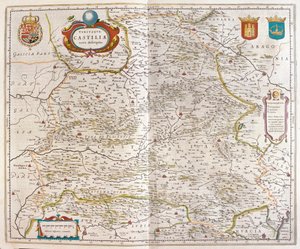 Saragoça, Valência, Alicante, Cartagena, Madrid, Córdova, Sevilha, Salamanca, Palência, Segóvia, Toledo, Cuenca, Granada, em "Theatrum Orbis Terrarum, sive Atlas Novus" de Willem Blaeu, Amesterdão de Willem Blaeu