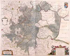áreas inundadas" de Norfolk, Suffolk, Huntington, Northampton Cambridge e Lincoln, em "Theatrum Orbis Terrarum, sive Atlas Novus" de Willem Blaeu, Amesterdão de Willem Blaeu