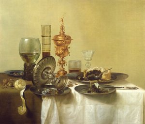 Uma natureza morta com óculos, pratos e comida, 1638