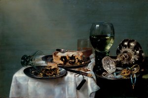 "Natureza morta de uma mesa de pequeno-almoço com tarte de amora Pintura de Willem Claesz Heda (1594-1680) 1631 Dim 54x82 cm Óleo sobre tela Dresden State Art Collections Dresden de Willem Claesz. Heda