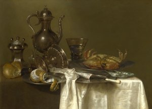 Natureza morta: peltre, vasos de prata e um caranguejo, ca 1636 de Willem Claesz. Heda
