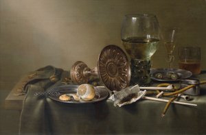 Natureza morta com copos e tabaco de Willem Claesz. Heda