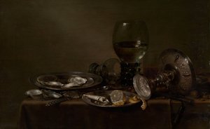 Ainda vida com ostras, uma prata Tazza, e Glassware, 1635.