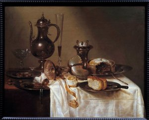 Natureza morta na mesa náutica coberta com prataria, pão, flauta de vinho, tarte e limão descascado. Pintura de Willem Heda (1594-1670) 1642 Saint Etienne, Museum of Fine Arts de Willem Claesz. Heda
