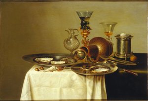Natureza morta com roemer em suporte dourado, grés e ostras, 1637. de Willem Claesz. Heda