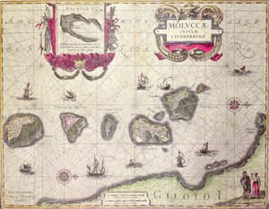 Mapa da Ilha Molucana, gravada por Jodocus Hondius, 1630 (gravura colorida)
