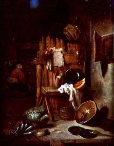 Um interior de cozinha (óleo sobre tela) de Willem Kalf