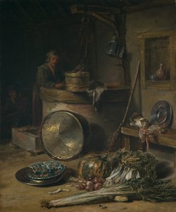 Interior de camponês com mulher junto a um poço, c.1642-43 (óleo sobre painel) de Willem Kalf