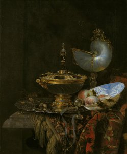 Pronk Natureza Morta com Holbein Bowl, Nautilus Cup, Glass Goblet e Fruit Dish de Willem Kalf