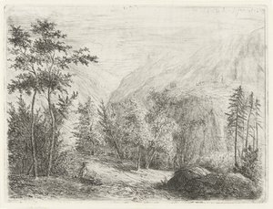 Paisagem de montanha com figura de repouso ao longo da estrada