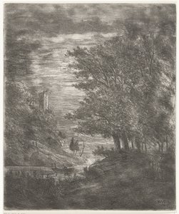 Paisagem montanhosa com ruínas e barco na água ao luar de Willem Matthias Jan van Dielen