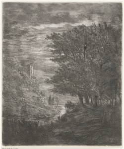 Paisagem montanhosa com ruínas e barco na água ao luar de Willem Matthias Jan van Dielen