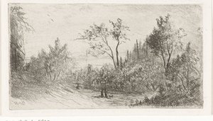 Paisagem montanhosa com caminhantes e cachorro na borda da floresta de Willem Matthias Jan van Dielen