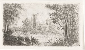 Paisagem com ruínas do castelo e duas figuras