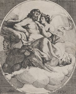 Júpiter e Juno sentados nas nuvens, com uma águia segurando os relâmpagos em baixo à esquerda, 1631. de Willem Panneels