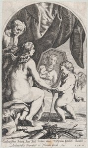 Vénus diante de um espelho segurado por Cupido enquanto o seu cabelo é penteado por uma mulher velha, 1631.