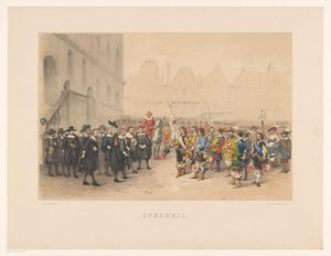 Terceiro grupo de máscaras de Utrecht em 1856
Governo (título sobre o objecto)
A nossa pátria por volta de meados do século XVII, apresentada por estudantes de H.H., membros de Mutua Fides, por ocasião do 220º aniversário da Escola Secundária de Utrecht,