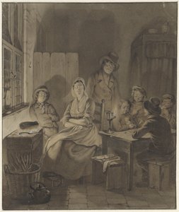 Interior com grupo de pessoas à volta da mesa à luz de velas