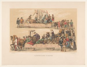 Quinto grupo de máscaras de Utrecht em 1856
Riqueza natural (título sobre o objecto)
A nossa pátria por volta de meados do século XVII, representada por estudantes de H.H., membros da Mutua Fides, em celebração do 220º aniversário da Universidade de Utre