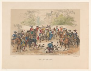 Sétimo grupo de máscaras de Utrecht em 1856
Entretenimento de caça (título sobre o objecto)
A nossa pátria por volta de meados do século XVII, apresentada por estudantes de H.H., membros da Mutua Fides, em celebração do 220º aniversário da Escola Secundá de Willem Pieter Hoevenaar
