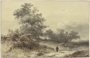 Paisagem com arbustos e uma figura em uma estrada rural de Willem Roelofs (I)