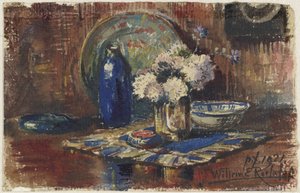 Natureza morta com garrafa azul e vaso com flores de Willem Roelofs (II)