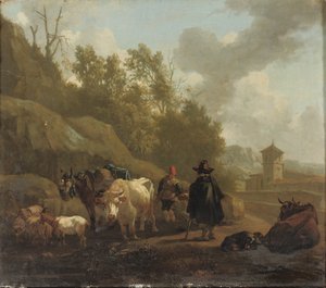 Um vaqueiro e gado em uma paisagem italiana