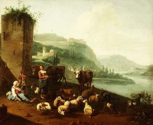 Uma paisagem italiana com camponeses, bovinos, ovinos e caprinos junto a uma fonte