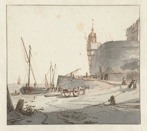 Vista de um porto perto da muralha de uma cidade de Willem Schellinks
