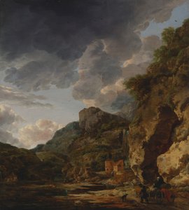 Paisagem de montanha com rio e carroça, terceiro quartel do século XVII (óleo sobre painel)