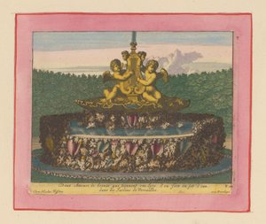 Brunnen mit einer Statue von zwei geflügelten Putti, die eine Leier tragen