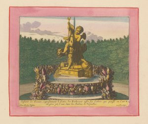 Brunnen mit einem Putto als Personifikation des Reichtums, sitzend auf Cerberus