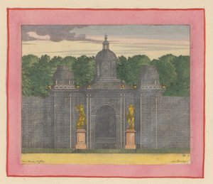 Pavillon aus Lattenwerk mit Musikerstatuen in den Gärten von Versailles