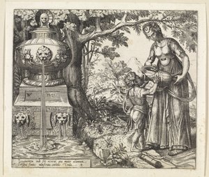 Hagar dá uma bebida a Ismael
História de Hagar e Ishmael (título da série) de Willem Thibaut