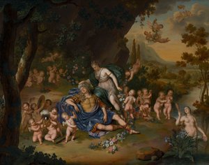 Armida prendendo o adormecido Rinaldo com flores de Willem Van Mieris