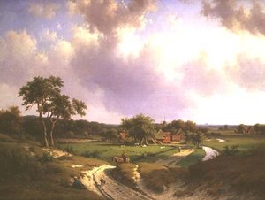 Uma paisagem extensa com uma fazenda e camponeses em um caminho de Willem Vester