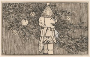 Quebra-nozes com capa de hussardo junto a uma árvore de Natal