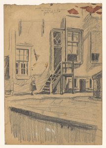 Rapariga por escadas de madeira, parede do cais de Willem Arnoldus Witsen