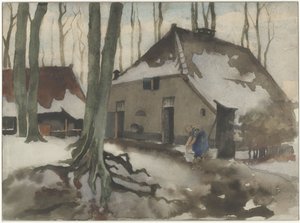 Mulher na frente de uma casa em uma floresta de neve de Willem Arnoldus Witsen