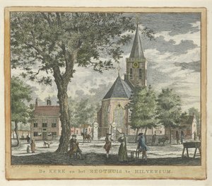 Igreja e tribunal em Hilversum em 1762 (antes do incêndio de 1766) A Igreja e o Regthuis em Hilversum (título no objeto) de Willem Writs