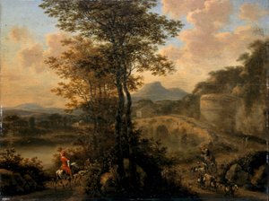 Paisagem do rio italiano com ponte de pedra, 1650