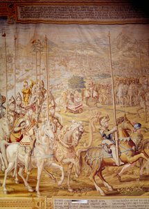 Conquete de Túnis pelo imperador Carlos V em 1535: representação do imperador e infante Don Luis. Detalhe de uma tapeçaria de Willem de Pannemaker (ativo por volta de 1535-1554) 1554 Alcazar de Sevilha