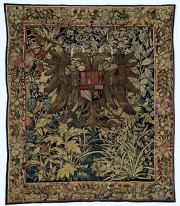 Tapeçaria com as armas do imperador Carlos V Verdure com o brasão de armas do imperador Carlos V