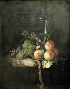 Uvas, pêssegos e copo grande de Willem van Aelst