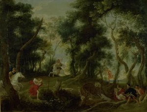 Paisagem com Atalanta e Meleager caçando o javali calidônio de Willem van Herp