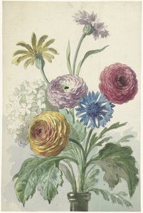 Bouquet de flores no pescoço de um vaso verde
