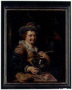 Um homem com um cachimbo de palmas e um roemer sentado a uma mesa sobre a qual repousa um violino e caranguejos de Willem Van Mieris
